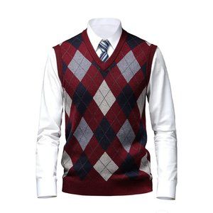 Herothorn Mens Thick Argyle Sweater Vests Classic V-Neck Knitwear Sleeveless...